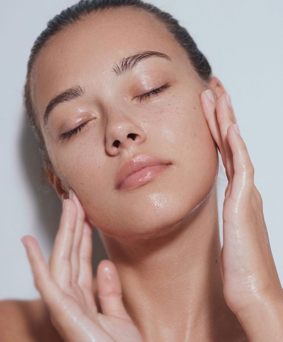 Close-up of a woman with her eyes closed touching her face, highlighting smooth and radiant skin after Julaine treatment.